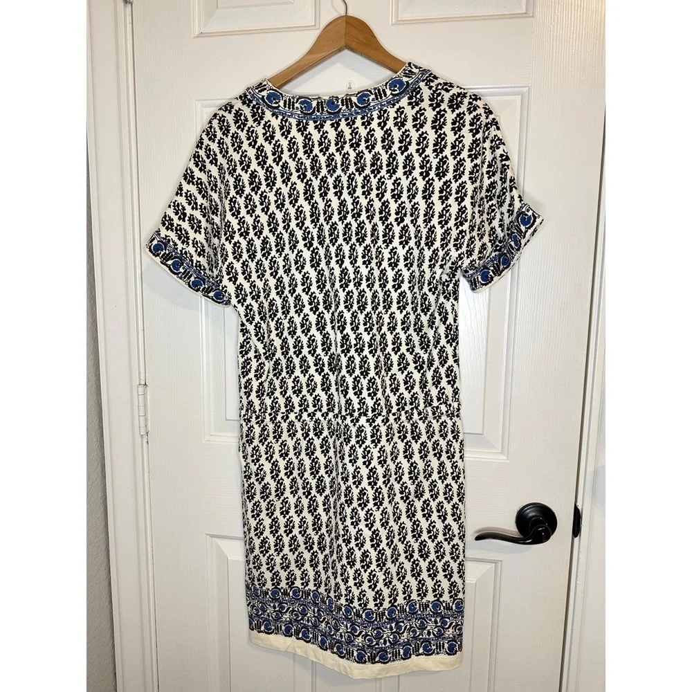 Tory Burch 100% Pima Cotton Ivory Guru Border Blue Amara Dress XS Coastal Brunch
